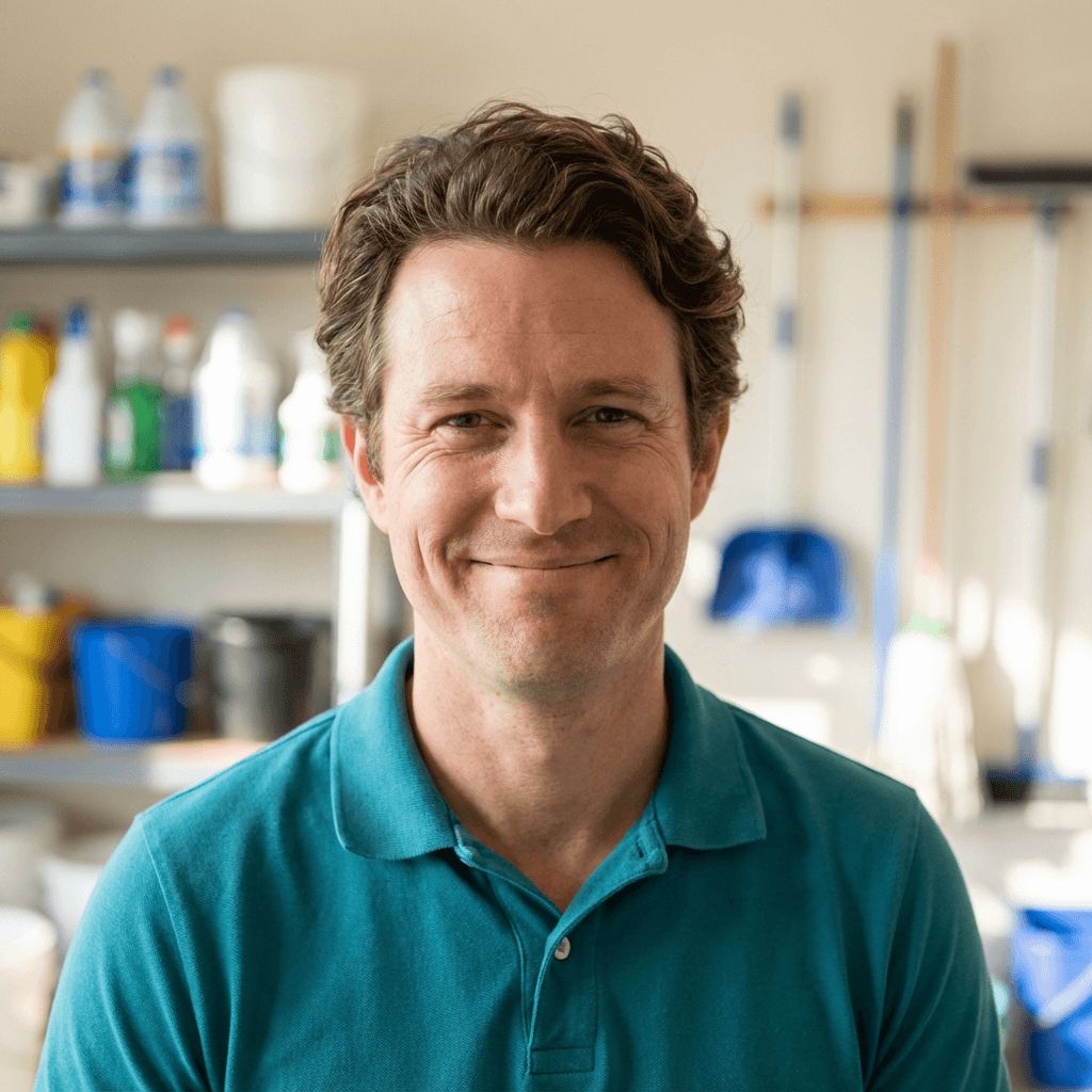 James Lincoln holding cleaning supplies and smiling