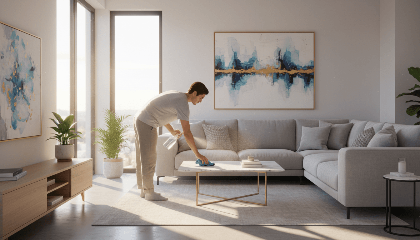 Bright modern living room being cleaned with microfiber cloth and spray bottle