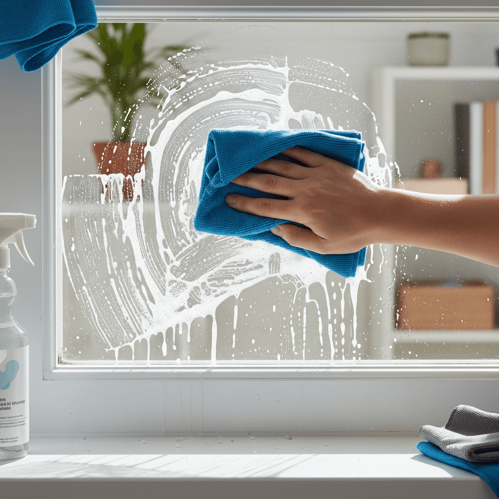 Professional cleaner wiping a window sill in a bright living room