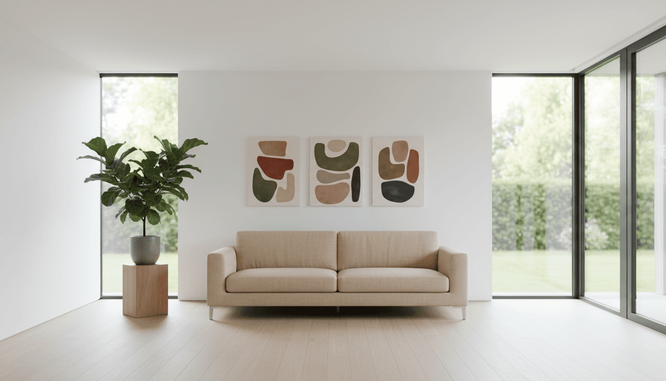 Bright modern living room with clean surfaces and sunlight